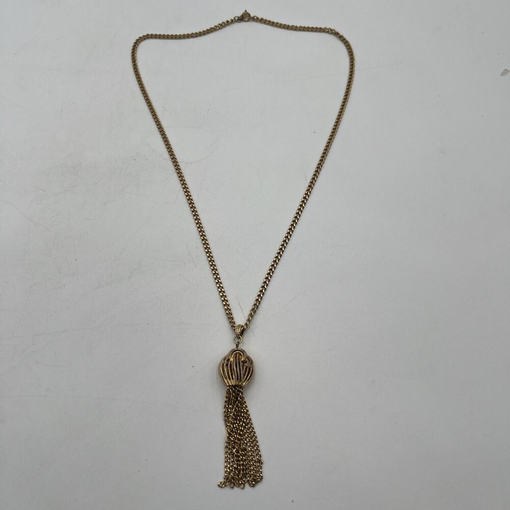 Monet Tassel Necklace Chain Designer Gold Tone Plated? Dangle Fringe Pendant Vtg